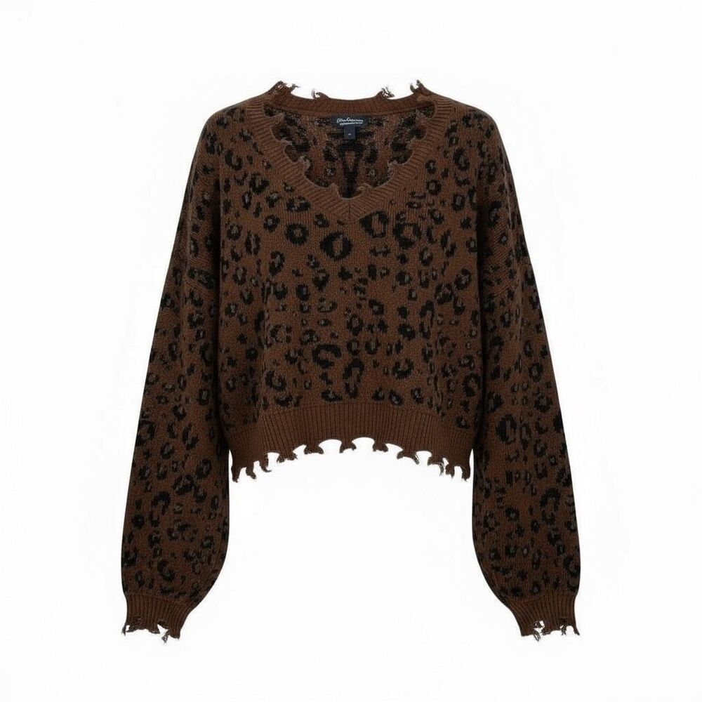 Freshman 1996 Leopard Print‎ Distressed Cropped V-neck Sweater Brown Black Large